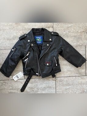 Kids Black Faux Leather Moto Jacket with Red Star Accent